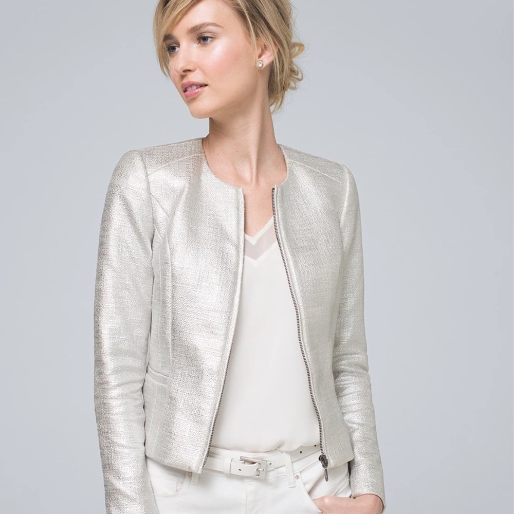 White House Black Market Metallic Tweed blazer zip front excellent Size 0